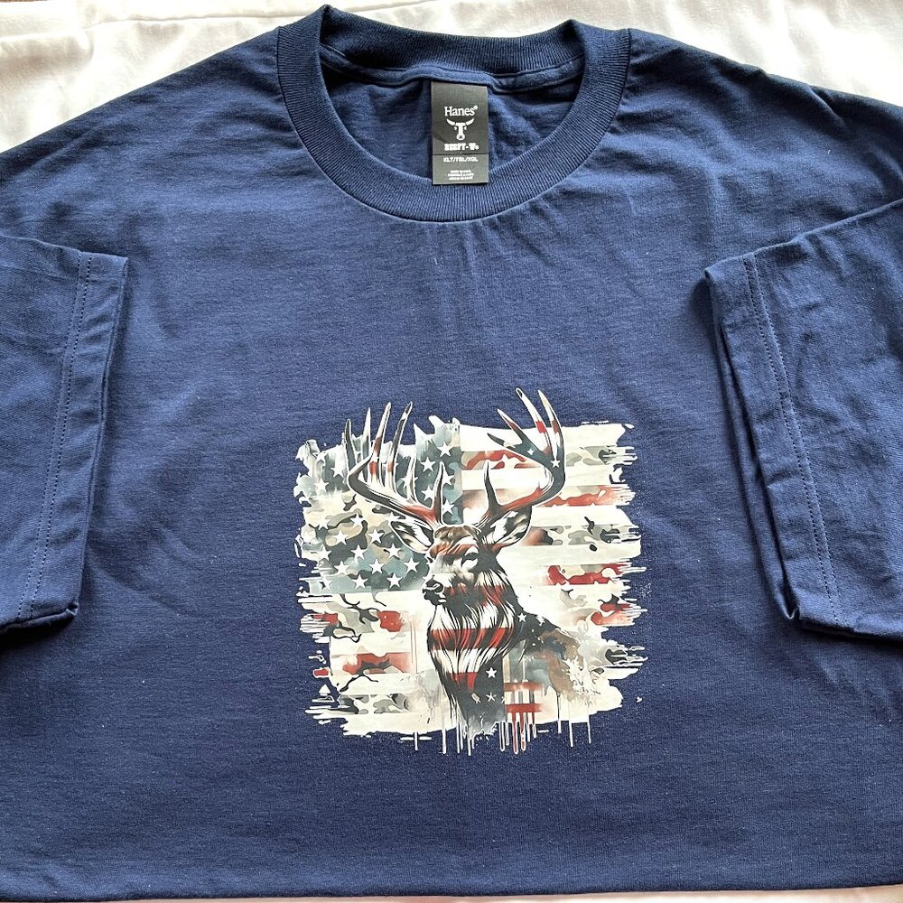 Hanes Navy Beefy T Shirt Size: XL tall Deer/Flag